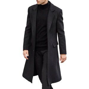 Men's Black Slim Fit Notched Collar Long Casual Trench Coat with Pocket